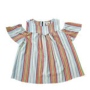 Monteau Striped Open Shoulder Top With Ruffled Sleeves size Large